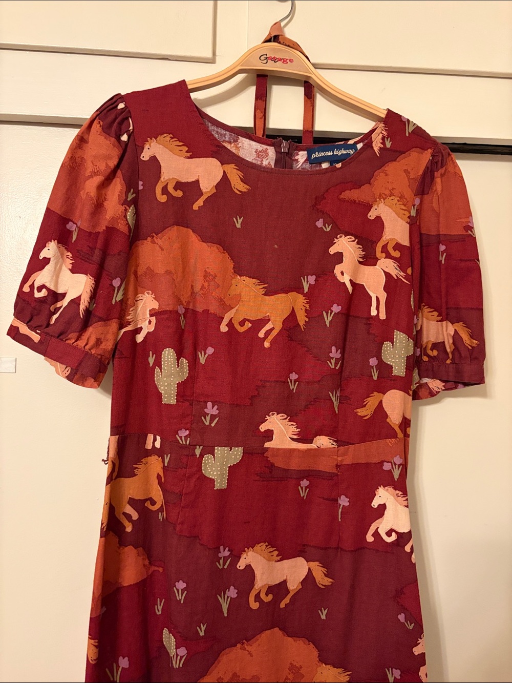Princess Highway Rust Cream Horse Print Dress UK sz 10 US Sz Small Western GUC